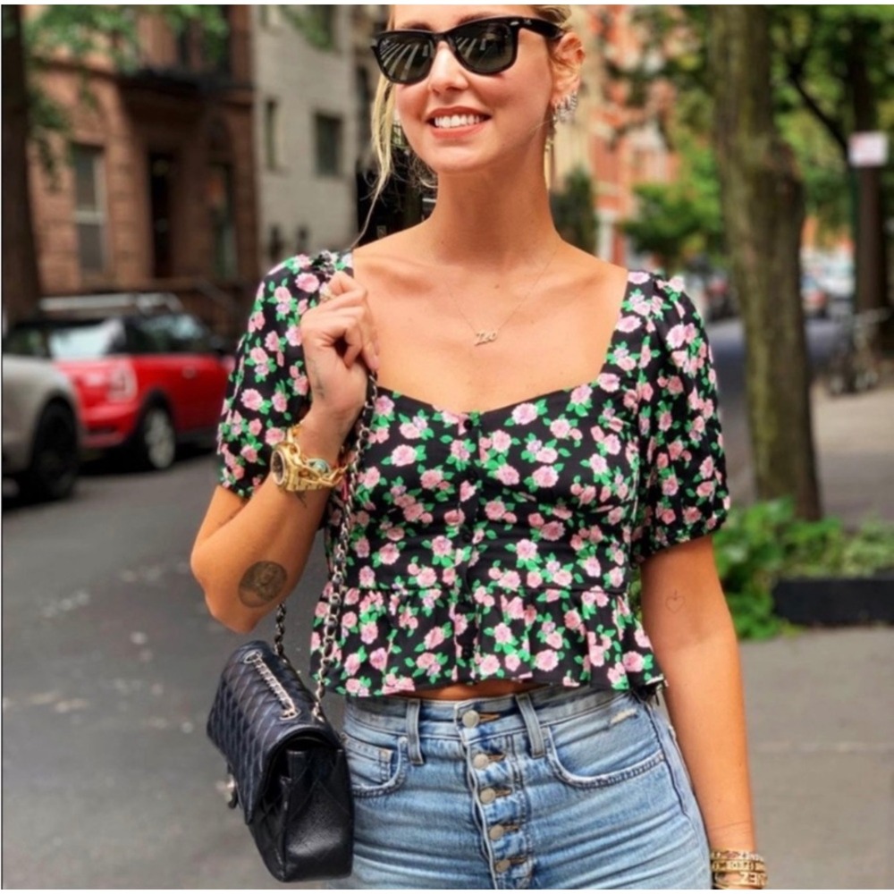 Zara black floral sweetheart neck peplum top medium